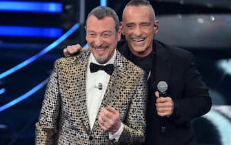 Sanremo Festival host and artistic director Amadeus (L) with Italian singer Eros Ramazzotti (R) on stage at the Ariston theatre during the 74th Sanremo Italian Song Festival, Sanremo, Italy, 08 February 2024. The music festival will run from 06 to 10 February 2024.  ANSA/ETTORE FERRARI