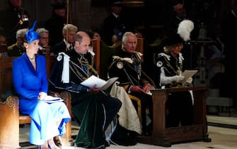 (L-R) Britain's Catherine, Princess of Wales, Britain's Prince William, Prince of Wales, Britain's King Charles III and Britain's Queen Camilla attend a National Service of Thanksgiving and Dedication inside St Giles' Cathedral in Edinburgh on July 5, 2023. Scotland on Wednesday marked the Coronation of King Charles III and Queen Camilla during a National Service of Thanksgiving and Dedication where the The King was presented with the Honours of Scotland. (Photo by Jane Barlow / POOL / AFP) (Photo by JANE BARLOW/POOL/AFP via Getty Images)