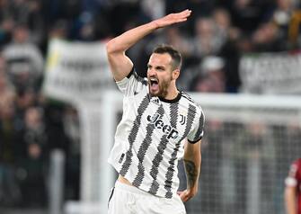 Juventus' Federico Gatti jubilates after scoring the gol (1-1) during the first leg semifinals of the UEFA Europa League soccer match Juventus FC vs Sevilla FC at the Allianz Stadium in Turin, Italy, 11 May 2023 ANSA/ALESSANDRO DI MARCO