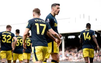 epa11262676 Fabian Schar of Newcastle celebrates scoring a goal subsequently disallowed by VAR during the English Premier League soccer match between Fulham FC and Newcastle United, in London, Britain, 06 April 2024.  EPA/DAVID CLIFF EDITORIAL USE ONLY. No use with unauthorized audio, video, data, fixture lists, club/league logos, 'live' services or NFTs. Online in-match use limited to 120 images, no video emulation. No use in betting, games or single club/league/player publications.