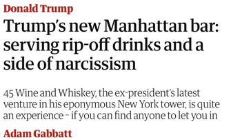 Donald Trump apre un bar a tema sulla sua presidenza. '45 Wine and Whiskey' (45 come il numero della sua presidenza) si trova all'interno della Trump Tower sulla Fifth Avenue