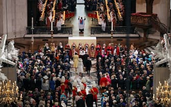 TOPSHOT - Britain's Catherine, Duchess of Cambridge, (up L), Britain's Prince William, Duke of Cambridge, (up R), Britain's Camilla, Duchess of Cornwall (down L) and Britain's Prince Charles, Prince of Wales (dronw R) arrive to attend the National Service of Thanksgiving for The Queen's reign at Saint Paul's Cathedral in London on June 3, 2022 as part of Queen Elizabeth II's platinum jubilee celebrations. - Queen Elizabeth II kicked off the first of four days of celebrations marking her record-breaking 70 years on the throne, to cheering crowds of tens of thousands of people. But the 96-year-old sovereign's appearance at the Platinum Jubilee -- a milestone never previously reached by a British monarch -- took its toll, forcing her to pull out of a planned church service. (Photo by Dan Kitwood / POOL / AFP) (Photo by DAN KITWOOD/POOL/AFP via Getty Images)
