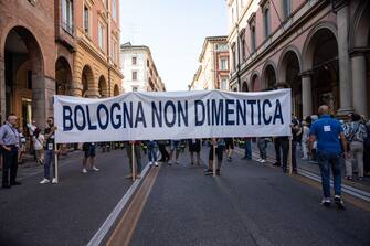"Lo striscione di testa del corteo, Bologna 2 Agosto 2023. ANSA/MAX CAVALLARI