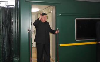 epa10856007 A photo released by the official North Korean Central News Agency (KCNA) shows North Korean leader Kim Jong Un waving as he departs by train for a visit to Russia, from Pyongyang, North Korea, 12 September 2023. North Korean leader Kim Jong-un is expected to meet with Russian President Vladimir Putin who is currently visiting the Far East attending the 2023 Eastern Economic Forum (EEF) in Vladivostok.  EPA/KCNA   EDITORIAL USE ONLY