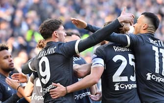 Juventus' Dusan Vlahovic jubilates after scoring the gol (1-0) during the italian Serie A soccer match Juventus FC vs Frosinone Calcio at the Allianz Stadium in Turin, Italy, 25 february 2024 ANSA/ALESSANDRO DI MARCO