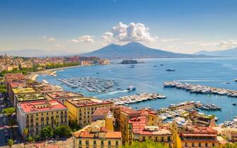 Naples, Italy. August 31, 2021. View of the Gulf of Naples from the Posillipo hill with Mount Vesuvius far in the background.