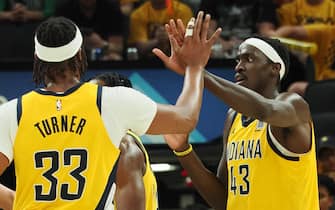 INDIANAPOLIS, IN - MAY 25: Pascal Siakam #43 high five during the game Myles Turner #33 of the Indiana Pacers during the game against the Boston Celtics/ during Game 3 of the Eastern Conference Finals on May 25, 2024 at Gainbridge Fieldhouse in Indianapolis, Indiana. NOTE TO USER: User expressly acknowledges and agrees that, by downloading and or using this Photograph, user is consenting to the terms and conditions of the Getty Images License Agreement. Mandatory Copyright Notice: Copyright 2024 NBAE (Photo by Ron Hoskins/NBAE via Getty Images)