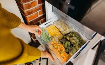 Woman putting container with frozen mixed vegetables to refrigerator