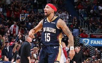 NEW ORLEANS, LA - DECEMBER 4: Jose Alvarado #15 of the New Orleans Pelicans celebrates during the game against the Denver Nuggets on December 4, 2022 at the Smoothie King Center in New Orleans, Louisiana. NOTE TO USER: User expressly acknowledges and agrees that, by downloading and or using this Photograph, user is consenting to the terms and conditions of the Getty Images License Agreement. Mandatory Copyright Notice: Copyright 2022 NBAE (Photo by Layne Murdoch Jr./NBAE via Getty Images)