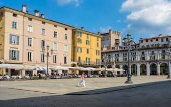 Piazza della Loggia Brescia, view in summer of historic buildings in the Piazza della Loggia in the scenic city center of Brescia, Lombardy, Italy