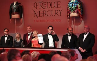 LONDON, ENGLAND - SEPTEMBER 06: The 'Freddie Mercury: A World of His Own' evening sale at Sotheby's on September 06, 2023 in London, England. The first of six auctions dedicated to Freddie Mercury: A World of his Own, a never-before-seen collection of over 1,400 of the starâ  s personal possessions, brought in a total of Â£12,172,290 / $15,365,082 across 59 lots, doubling the estimate. Over the course of a four and half-hous, participants hailed from 61 countries around the world, all in hot pursuit of Mercuryâ  s coveted selection of artworks, objects, costumes and lyrics, with prices considerably exceeding their original estimates. (Photo by Tristan Fewings/Getty Images for Sotheby's)
