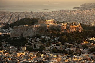 ATHENS, GREECE - JULY 08:  A view of the Acropolis Hill and the Parthenon viewed from Lycabettus Hill  on July 8, 2015 in Athens, Greece. Eurozone leaders have offered the Greek government one more chance to propose a viable solution of it's debt or face the possibility of a likely exit from the euro.  (Photo by Christopher Furlong/Getty Images)