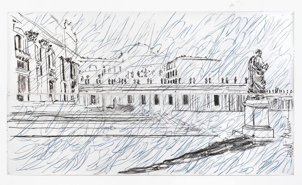 Adel Abdessemed, Politics of the Studio, Pope, 2020, carbone e pastello su due fogli di carta uniti, dimensioni complessive: 260 x 460 cm | 102.36 x 181.10 in, cada uno: 130 x 460 cm | 51.18 x 181.10 in, Courtesy: l’artista e GALLERIA CONTINUA, Copyright: