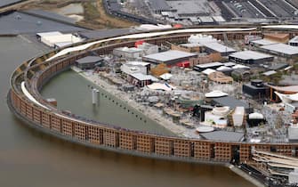 epa12028533 This aerial view taken by Jiji Press shows the Osaka Expo 2025 venue the day of its opening at Yumeshima, an artificial island in Osaka, western Japan, 13 April 2025. The Expo 2025 Osaka, Kansai, Japan will be open to the public until 13 October 2025.  EPA/JIJI PRESS JAPAN OUT EDITORIAL USE ONLY/