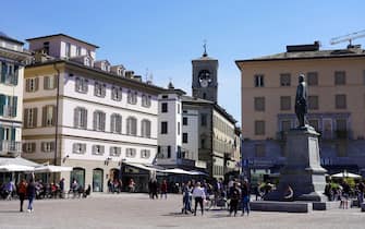 SONDRIO, ITALY - APRIL 18, 2022: Sondrio main city square, Valtellina, Lombardy, Italy