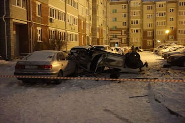 BELGOROD, RUSSIA - JANUARY 05: Vehicles are destroyed following Ukrainian Army was shelled in Belgorod, Russia on January 5, 2024. (Photo by Emil Leegunov/Anadolu via Getty Images)
