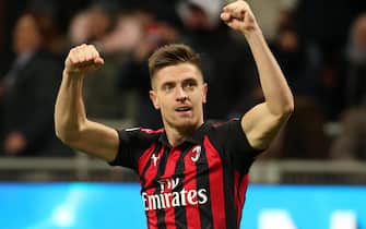 Milan's Krzysztof Piatek jubilates after scoring the goal during the Italy Cup quarter-finals soccer match AC Milan vs SSC Napoli at the Giuseppe Meazza stadium in Milan, Italy, 29 January 2019.
ANSA/MATTEO BAZZI