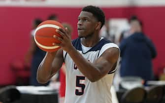 LAS VEGAS, NV - JULY 6: Anthony Edwards #5 of the USA Basketball Men's Select Team shoots the ball during USAB Men's Training Camp in Las Vegas on July 06, 2024 in Las Vegas Nevada. NOTE TO USER: User expressly acknowledges and agrees that, by downloading and/or using this Photograph, user is consenting to the terms and conditions of the Getty Images License Agreement. Mandatory Copyright Notice: Copyright 2024 NBAE (Photo by Joe Amati/NBAE via Getty Images)