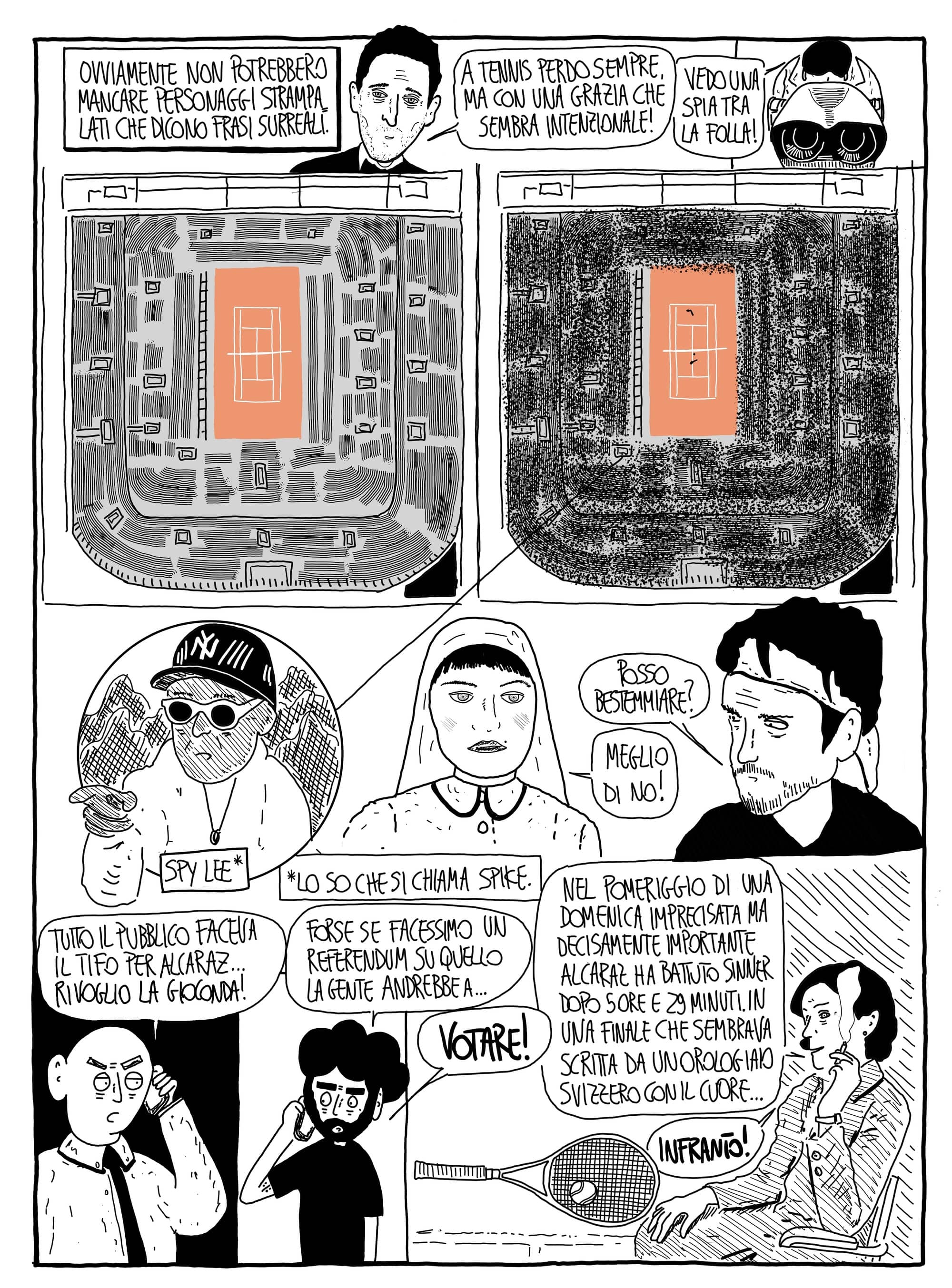 Sinner vs Alcaraz diretto da Wes Anderson: il fumetto di Marinaccio