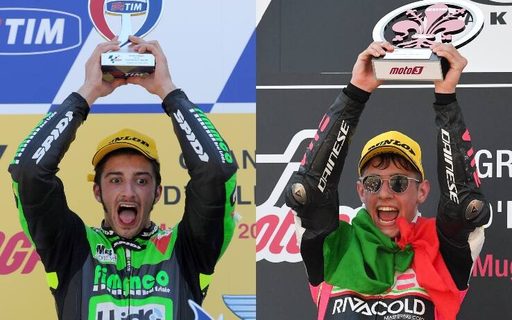 A sinistra Andrea Iannone sul podio del Mugello dopo la vittoria in Moto2 nel 2010, a destra Tony Arbolino dopo il successo al Mugello in Moto3 nel 2019