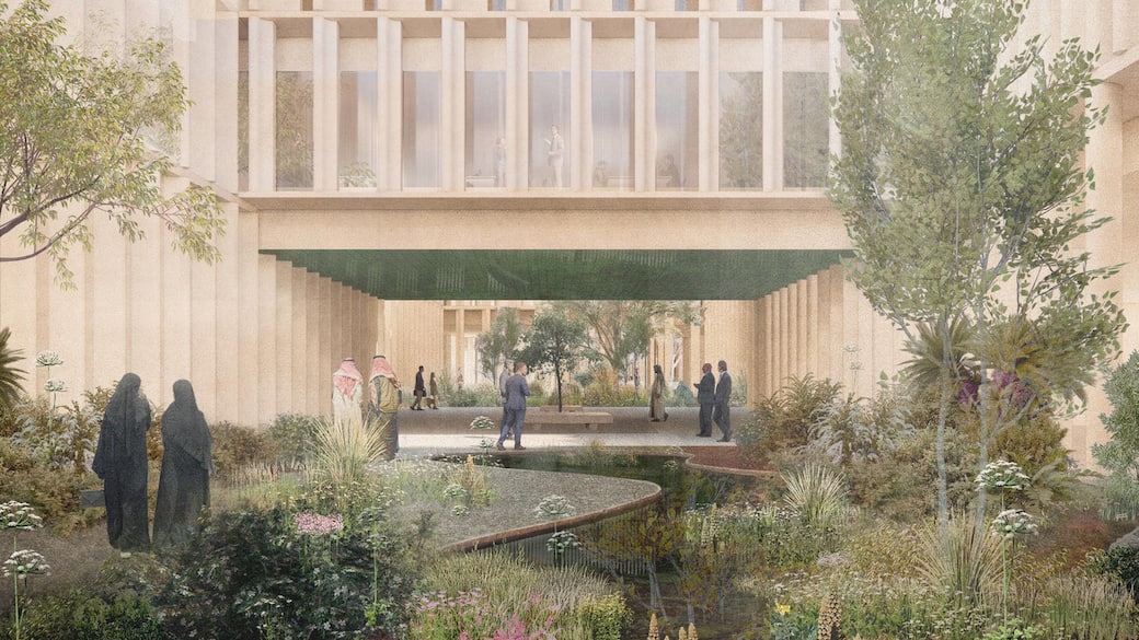 Ground-level courtyards throughout the Ministry of Foreign Affairs feature lush gardens that offer moments of respite while enhancing thermal comfort and energy efficiency. Courtesy of Frida Escobedo Studio