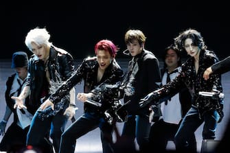 INDIO, CALIFORNIA - APRIL 12: (FOR EDITORIAL USE ONLY) (L-R) Song Min-gi, Kim Hong Joong, Jeong Yun-ho and Seonghwa of ATEEZ perform at the Sahara Tent during the 2024 Coachella Valley Music and Arts Festival at Empire Polo Club on April 12, 2024 in Indio, California. (Photo by Frazer Harrison/Getty Images for Coachella)