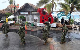 Members of the Mexican Navy patrol the Medano beach before the arrival of hurricane Hilary at Los Cabos resort in Baja California state, Mexico on August 18, 2023. Hurricane Hilary strengthened into a major storm in the Pacific on Friday and was expected to further intensify before approaching Mexico's Baja California peninsula over the weekend, forecasters said. (Photo by ALFREDO ESTRELLA / AFP) (Photo by ALFREDO ESTRELLA/AFP via Getty Images)