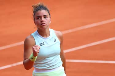 Italy's Jasmine Paolini celebrates after a point as she plays against Russia's Mirra Andreeva during their women's singles semi final match on Court Philippe-Chatrier on day twelve of the French Open tennis tournament at the Roland Garros Complex in Paris on June 6, 2024. (Photo by Emmanuel Dunand / AFP) (Photo by EMMANUEL DUNAND/AFP via Getty Images)