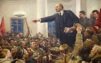 painting, lenin speaks for the revolution of october 1917, lenin museum, tampere, finland, europe