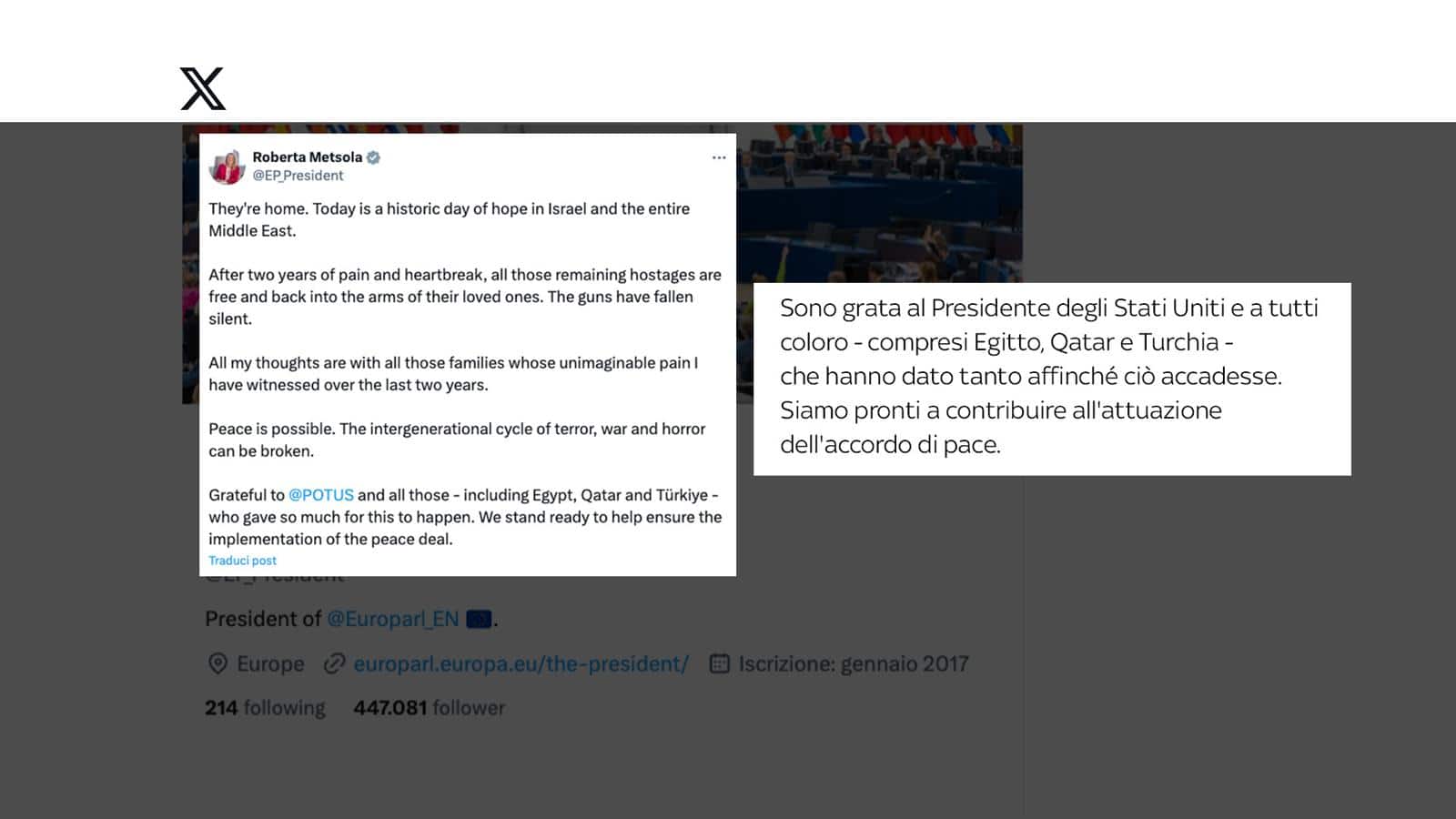 Il tweet di Roberta Metsola