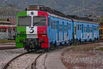 The blue train of the Circumflegrea that has just come out of the restyling to celebrate, with the fans that it will transport to the Maradona stadium, the third scudetto of Napoli, in Naples, Italy, 29 April 2023, ANSA / CIRO FUSCO