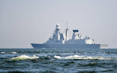 epa10650088 Italian missile destroyer Caio Duilio sails from the port of Gdynia, northern Poland, 24 May 2023. The ship, which arrived in Gdynia on 20 May, will strengthen the anti-aircraft and anti-missile defense of the Polish coast.  EPA/Adam Warzawa POLAND OUT