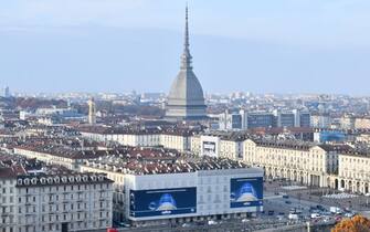 TURIN, ITALY - NOVEMBER 16: A general view of Turin city with the  Nitto ATP Tour Finals  boards  during Day Three of the Nitto ATP Tour Finals on November 16, 2021 in Turin. (Photo by Stefano Guidi/Getty Images for Lavazza)