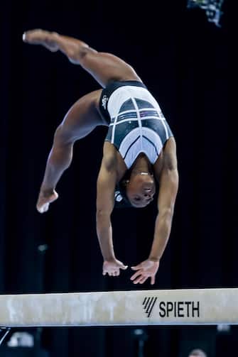 epa10786852 US artistic gymnast Simone Biles practices before the Core Hydration Classic at the NOW Arena in Hoffman Estates, Illinois, USA, 05 August 2023. Biles is returning to competition after a two-year break after the Tokyo Olympics.  EPA/ALEX WROBLEWSKI