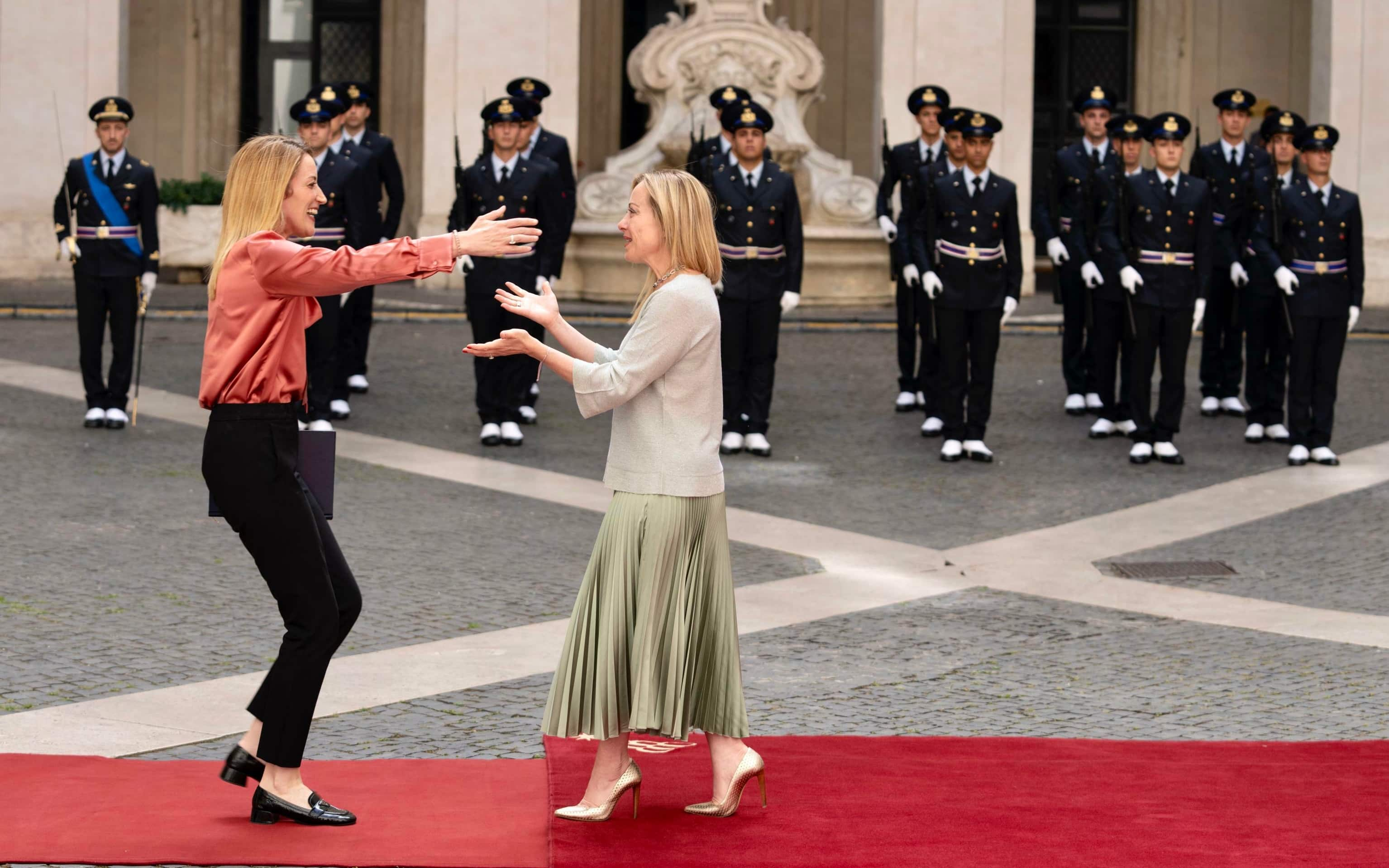 Italy's Prime Minister Giorgia Meloni during a meeting with European Parliament President Roberta Metsola (L) at Chigi Palace in Rome, Italy, 22 June 2023.
ANSA/CHIGI PALACE PRESS OFFICE/FILIPPO ATTILI
+++ ANSA PROVIDES ACCESS TO THIS HANDOUT PHOTO TO BE USED SOLELY TO ILLUSTRATE NEWS REPORTING OR COMMENTARY ON THE FACTS OR EVENTS DEPICTED IN THIS IMAGE; NO ARCHIVING; NO LICENSING +++ NPK +++