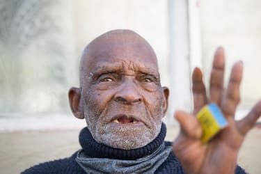 Fredie Blom talks about his recollections as he celebrates his 116th birthday at his home in Delft, near Cape Town, on May 8, 2020. - According to 'Oupa' (grandfather) Fredie and his identity card, he was born in 1904, making him one of the oldest men in the world. (Photo by RODGER BOSCH / AFP) (Photo by RODGER BOSCH/AFP via Getty Images)