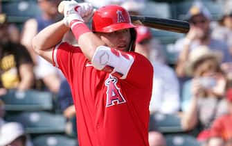 TEMPE, AZ - FEBRUARY 27:  Mike Trout of the Los Angeles Angels bats during the spring training game against the San Diego Padres on February 27, 2020 in Tempe, Arizona.  (Photo by Masterpress/Getty Images)