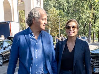 MILAN, ITALY - SEPTEMBER 19: Simona Ventura and husband Giovanni Terzi are seen during the Milan Fashion Week Spring/Summer 2020 on September 19, 2019 in Milan, Italy. (Photo by Arnold Jerocki/GC Images)