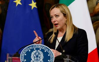 Italy's Prime Minister Giorgia Meloni releases a media statement at the end of a bilateral meeting  with Austria's Chancellor Karl Nehammer at Chigi Palace in Rome, Italy, 02 May 2023. Nehammer is in Italy on an official visit. ANSA/FABIO FRUSTACI