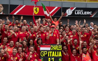 AUTODROMO NAZIONALE MONZA, ITALY - SEPTEMBER 08: Race winner Charles Leclerc, Ferrari  poses for a photograph with his Ferrari team during the Italian GP at Autodromo Nazionale Monza on September 08, 2019 in Autodromo Nazionale Monza, Italy. (Photo by Simon Galloway / Sutton Images)