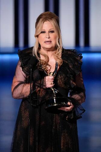 Jan 15, 2024; Los Angeles, CA, USA; Jennifer Coolidge accepts the award for outstanding supporting actress in a drama series during the 75th Emmy Awards at the Peacock Theater in Los Angeles on Monday, Jan. 15, 2024. Mandatory Credit: Robert Hanashiro-USA TODAY/Sipa USA