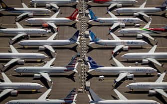 epa08116630 (FILE) - An aerial view of Boeing 737 Max 8 aircraft sitting parked at Boeing Field in Seattle, Washington, USA, 21 July 2019 (reissued 10 January 2020). according to reports from 10 January 2020, internal Boeing messages were released in which one of the employees allegeldy said the Boeing 737 Max was 'designed by clowns'. The plane was grounded by aviation regulators and airlines around the world in March 2019 after 346 people were killed in two crashes. The loss was Boeing's biggest in the last ten years.   *** Local Caption *** 55358889  EPA/GARY HE   EDITORIAL USE ONLY  EDITORIAL USE ONLY *** Local Caption *** 55358889