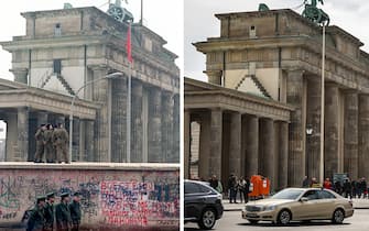 La porta di Brandeburgo con e senza il muro