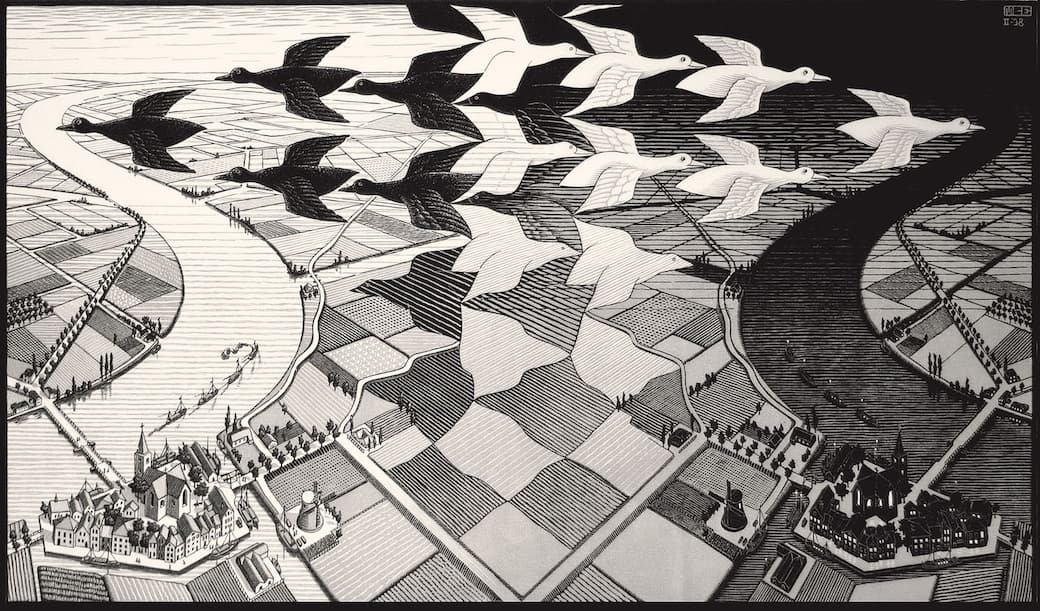 Maurits Cornelis Escher, Giorno e notte, Febbraio 1938. Xilografia, 39,1x67,7 cm 3. Collezione Maurits, Italia. All M.C. Escher works © 2025 The M.C. Escher Company, The Netherlands. All rights reserved. www.mcescher.com