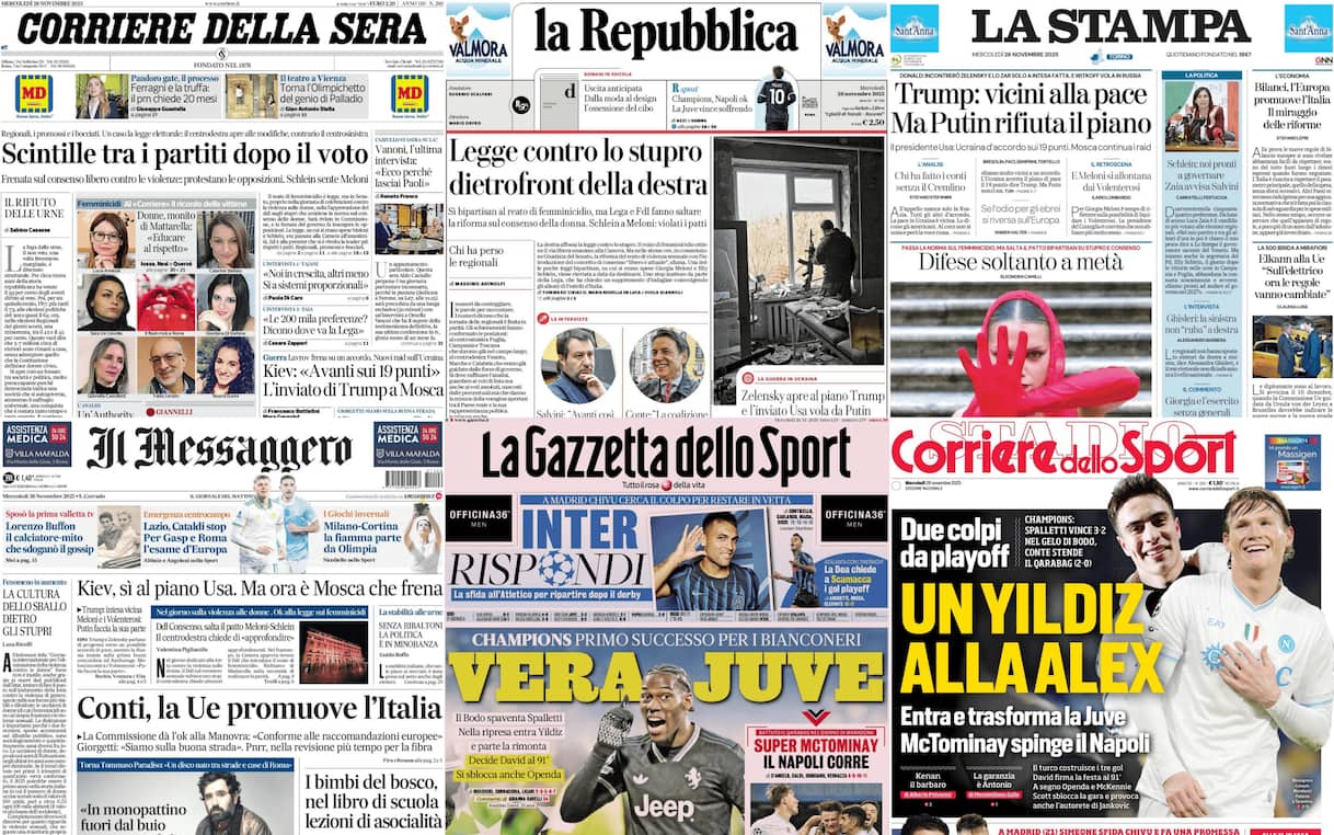 Le prime pagine dei quotidiani di oggi 26 novembre: la rassegna stampa
