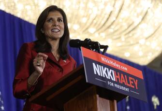 CHARLESTON, SOUTH CAROLINA - FEBRUARY 24: Republican presidential candidate former U.N. Ambassador Nikki Haley speaks during her primary election night gathering at The Charleston Place on February 24, 2024 in Charleston, South Carolina. Haley was defeated in her home state's primary by Republican challenger, former U.S. President Donald Trump. (Photo by Justin Sullivan/Getty Images)