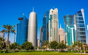 DOHA, QATAR - FEB 25, 2020: Modern business architecture of downtown Doha, Qatar