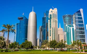 DOHA, QATAR - FEB 25, 2020: Modern business architecture of downtown Doha, Qatar