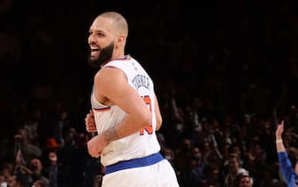 NEW YORK, NY - JANUARY 6: Evan Fournier #13 of the New York Knicks smiles during the game against the Boston Celtics on January 6, 2022 at Madison Square Garden in New York City, New York.  NOTE TO USER: User expressly acknowledges and agrees that, by downloading and or using this photograph, User is consenting to the terms and conditions of the Getty Images License Agreement. Mandatory Copyright Notice: Copyright 2022 NBAE  (Photo by Nathaniel S. Butler/NBAE via Getty Images)