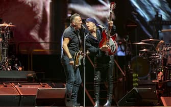 BARCELONA, SPAIN - APRIL 28: (L-R) Bruce Springsteen and Steven Van Zandt perform on stage at Estadi Olimpic the first concert of his European Tour on April 28, 2023 in Barcelona, Spain. (Photo by Jordi Vidal/Redferns)